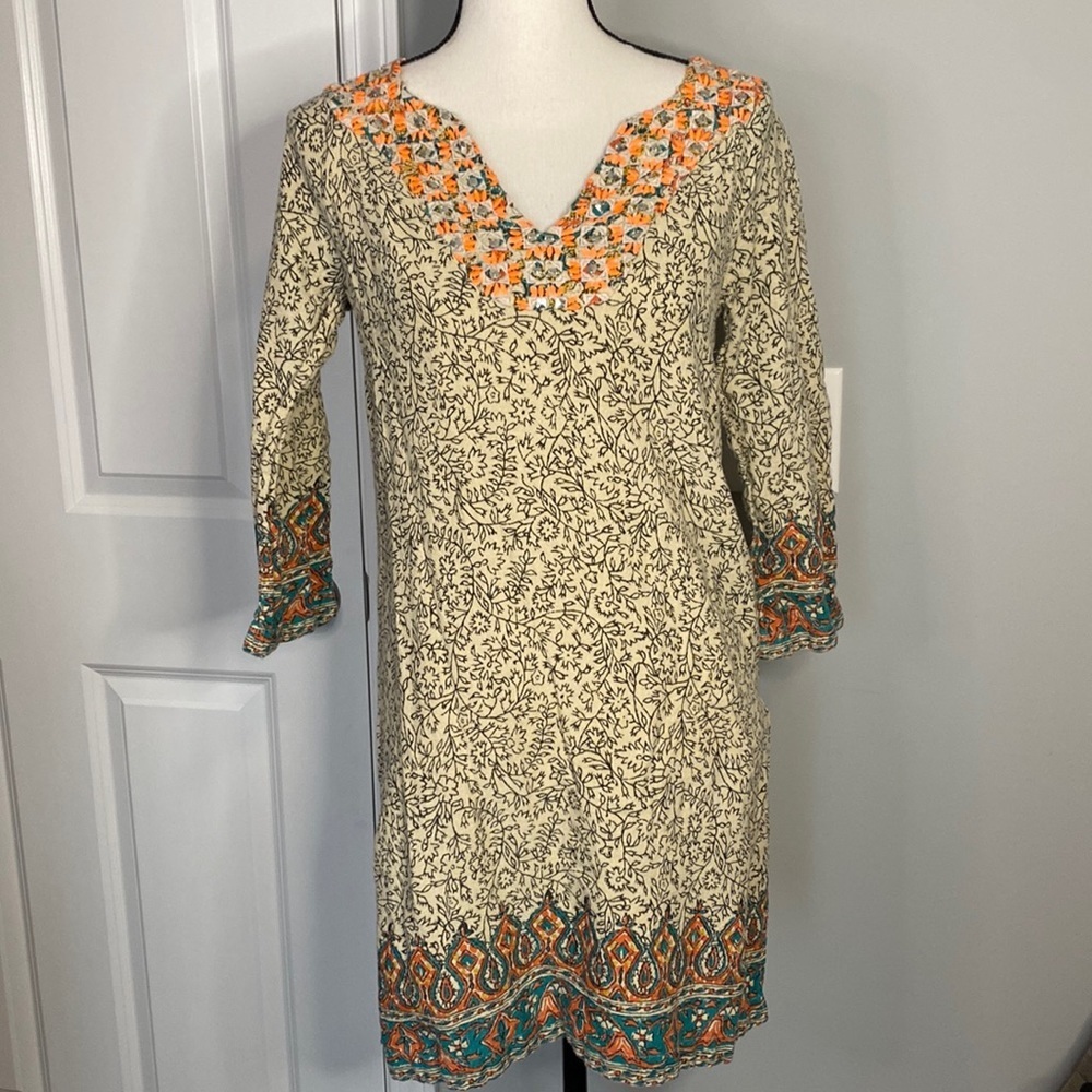 Lucky Brand Studded Quarter Sleeve Boho Dashiki Print Dress